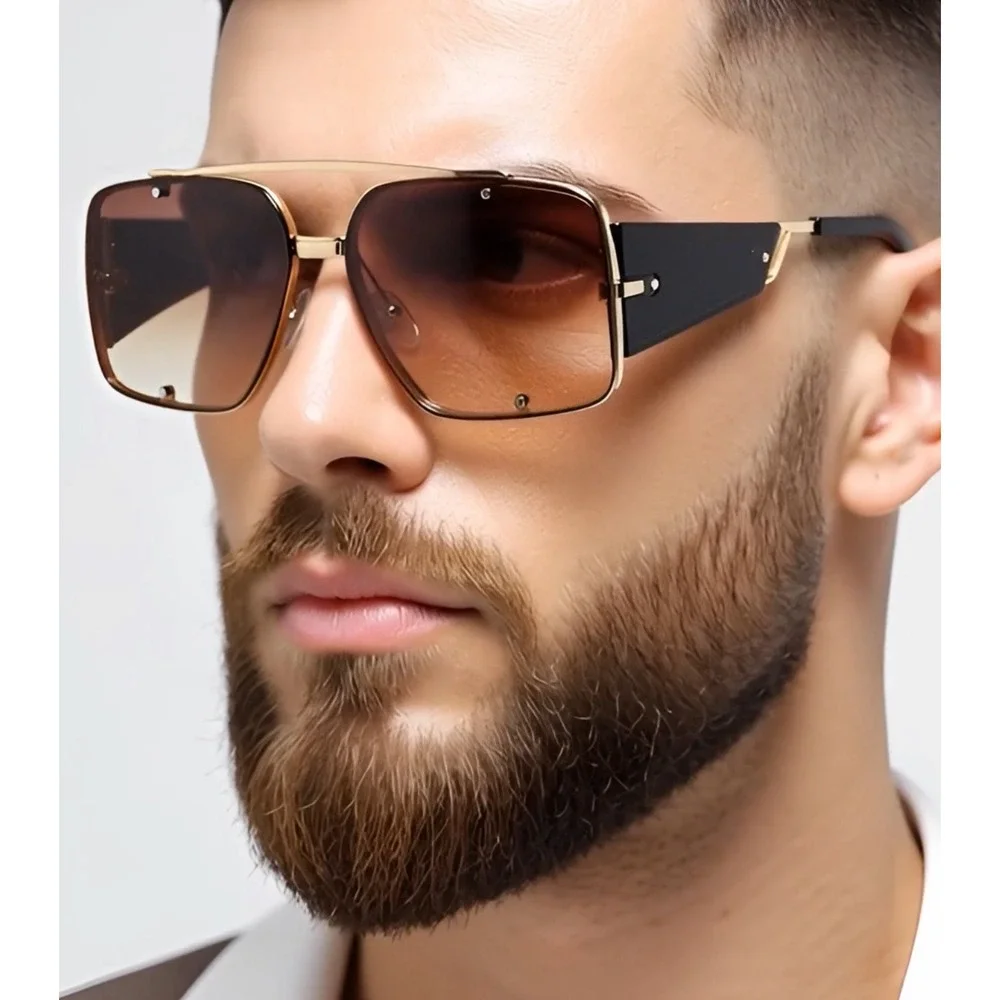 Flat Big Lens Sunglasses Gold Metal Frame Men Shades Brown Lens Aviator UV400